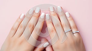 Beautiful manicure. Long almond shaped nails. Nail design. Manicure with gel polish. Close-up of the hand of a young