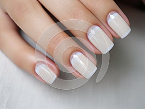 Beautiful manicure. Long almond shaped nails. Nail design. Manicure with gel polish. Close-up of the hands of a young