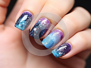 Beautiful manicure. Long almond shaped nails. Nail design. Manicure with gel polish. Close-up of the hands of a young