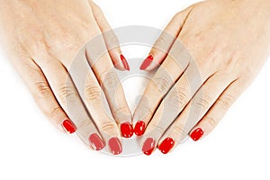 Beautiful manicured woman's hands with red nail polish photo