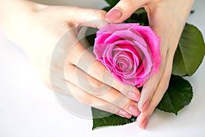 Beautiful manicured woman`s nails with pink polish isolated. Nails care.