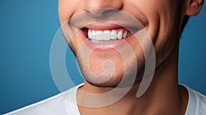 Beautiful mans smile with healthy white, straight teeth close-up on one tone background with space for text
