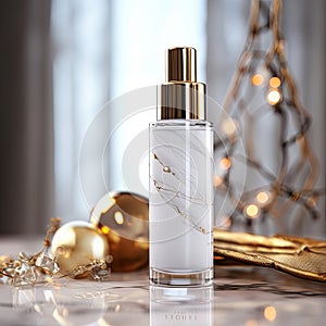 Beautiful Marble Silver Perfume Bottle Mockup Elegant Cosmetic Packaging Showcase Space Logo, Lettering, Text Generative AI