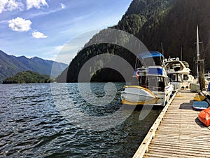 A beautiful marina full of boats and surrounded by forests and mountains in a remote inlet in Indian Arm, outside Vancouver