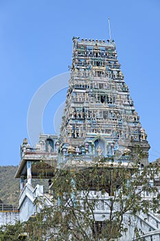 COIMBATORE , INDIA - 5 March 2022 beautiful marudhamalai lord god murugan temple gopuram tower view.