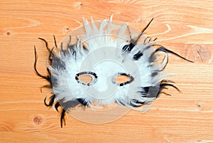 Beautiful mask of feathers on a yellow board