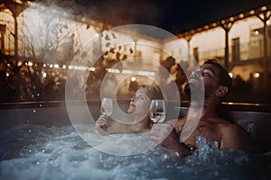 Beautiful mature couple relaxing in outdoor hot tub, drinking champagne, enjoying romantic wellness weekend in spa