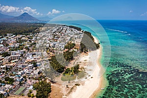 Beautiful Mauritius Island with gorgeous beach Flic en Flac, aerial view from drone. Mauritius, Black River, Flic-en-Flac view of photo