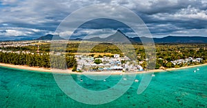 Beautiful Mauritius Island with gorgeous beach Flic en Flac, aerial view from drone. Mauritius, Black River, Flic-en-Flac view of photo