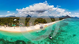 Beautiful Mauritius Island with gorgeous beach Flic en Flac, aerial view from drone. Mauritius, Black River, Flic-en-Flac view of photo