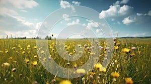 Beautiful meadow field with fresh grass and yellow dandelion flowers. Generative AI