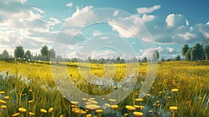 Beautiful meadow field with fresh grass and yellow dandelion flowers. Generative AI