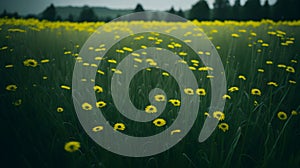 Beautiful meadow field with fresh grass and yellow dandelion flowers in nature