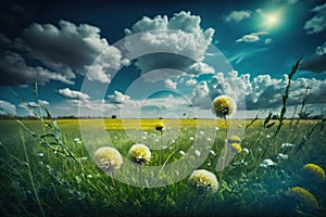 Beautiful meadow field with fresh grass and yellow dandelion flowers in nature against a blurry blue sky with clouds.