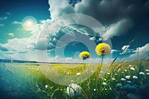 Beautiful meadow field with fresh grass and yellow dandelion flowers in nature against a blurry blue sky with clouds.