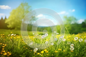 Beautiful meadow field with fresh grass and yellow dandelion flowers in nature against a blurry blue sky with clouds. Summer