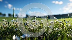 Beautiful meadow field with fresh grass and yellow dandelion flowers in nature against a blurry blue sky with clouds. Summer