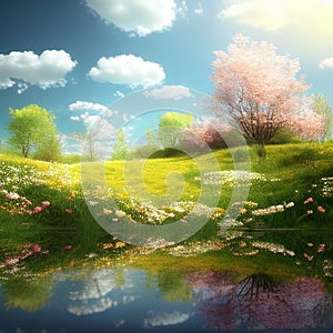 Beautiful meadow field with fresh grass and yellow dandelion flowers in nature. Ai generative