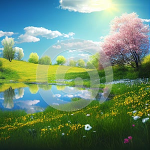 Beautiful meadow field with fresh grass and yellow dandelion flowers in nature. Ai generative