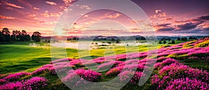 Beautiful meadow with pink wildflowers at sunrise. Natural summer background, nature landscape wallpaper