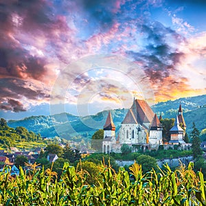 Beautiful medieval architecture of Biertan fortified Saxon church in Romania protected by Unesco World Heritage Site