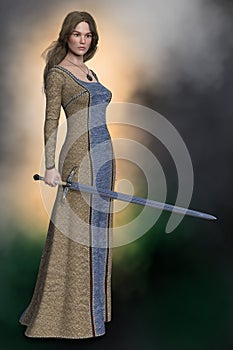 Beautiful medieval woman holding a sword.