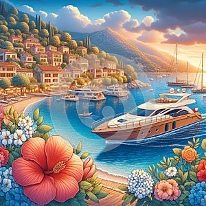 A beautiful mediteranian village with blue sea, flower, luxury boat, sunset time, summer season, hills, Japanese cartoon art photo