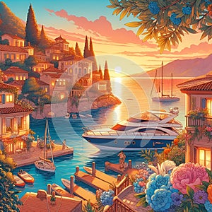 A beautiful mediteranian village, luxury boat, flower, sunset time, summer season, Japanese cartoon style photo