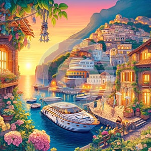 Beautiful mediteranian village at summer, in sunset time, with luxury boat, flowers, blue sea, Japanese cartoon style art