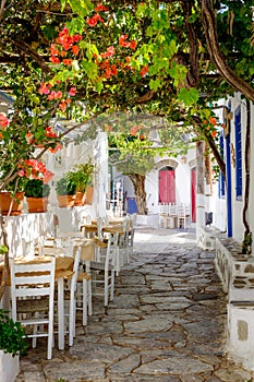 Beautiful mediterranean colorful street, Amorgos, Greece