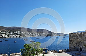 Beautiful mediterranean landscape of Bodrum bay, view from Bodrum castle to the old town and bay in the Aegean sea