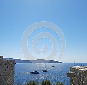 Beautiful mediterranean landscape of Bodrum bay, view from Bodrum castle to the old town and bay in the Aegean sea