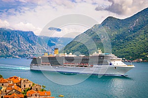 Beautiful mediterranean landscape. Cruise ship near town Perast, Kotor bay Boka Kotorska, Montenegro