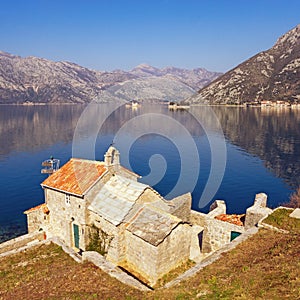 Beautiful Mediterranean landscape. Montenegro. View of Bay of Kotor, Church of Our Lady of the Angels and two small islands