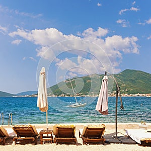 Beautiful Mediterranean landscape. Summer beach vacations. Sunny day at the beach.  Montenegro, Bay of Kotor