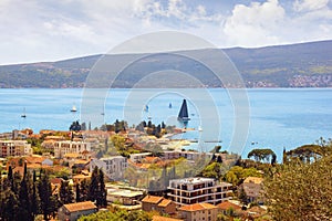 Beautiful Mediterranean landscape on sunny spring day. Montenegro, view of Bay of Kotor near Tivat city