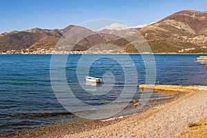 Beautiful Mediterranean landscape on sunny winter day. Montenegro, Adriatic Sea. View of Bay of Kotor near Tivat city