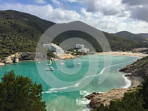 Beautiful Mediterranean sea Cala Llonga bay, Ibiza Island, Spain