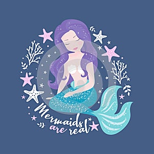 Beautiful mermaid on blue background for kids fashion artworks, children books. Fashion illustration drawing in modern style. Cute photo