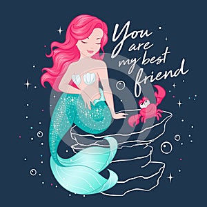 Beautiful mermaid on a dark background. Cute Mermaid with crab, for t shirts or kids fashion artworks, children books. Fashion