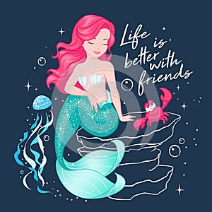 Beautiful mermaid on a dark background. Cute Mermaid with jellyfish and crab. Fashion illustration drawing in modern style