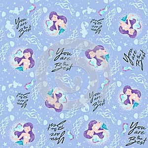 Beautiful mermaid pattern on lilac background. Design for kids. Fashion illustration drawing in modern style for clothes or fabric