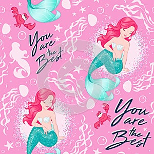 Beautiful mermaid pattern on pink  background. Design for kids. Fashion illustration drawing in modern style for clothes or fabric