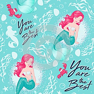 Beautiful mermaid pattern on turquoise background. Design for kids. Fashion illustration drawing in modern style for clothes or