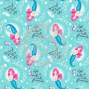 Beautiful mermaid pattern on turquoise  background. Design for kids. Fashion illustration drawing in modern style for clothes or