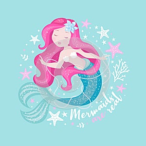 Beautiful mermaid with pearls on turquoise background for t shirts or kids fashion artworks, children books. Fashion illustration photo