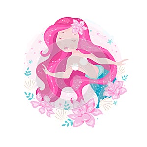 Beautiful mermaid with pink flowers and shells and leaves. Illustration for t shirts and fabrics or kids fashion artworks, childre photo