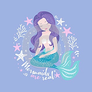 Beautiful mermaid on purple background for kids fashion artworks, children books. Fashion illustration drawing in modern style. photo