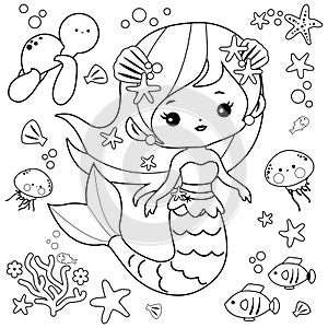 Beautiful mermaid and sea animals. Vector black and white coloring page