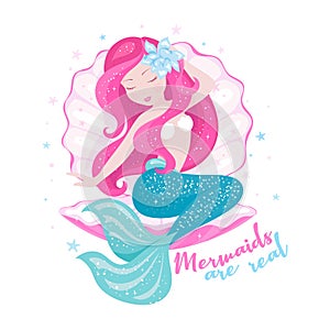 Beautiful mermaid with shell for t shirts or kids fashion artworks, children books. Fashion illustration drawing in modern style.